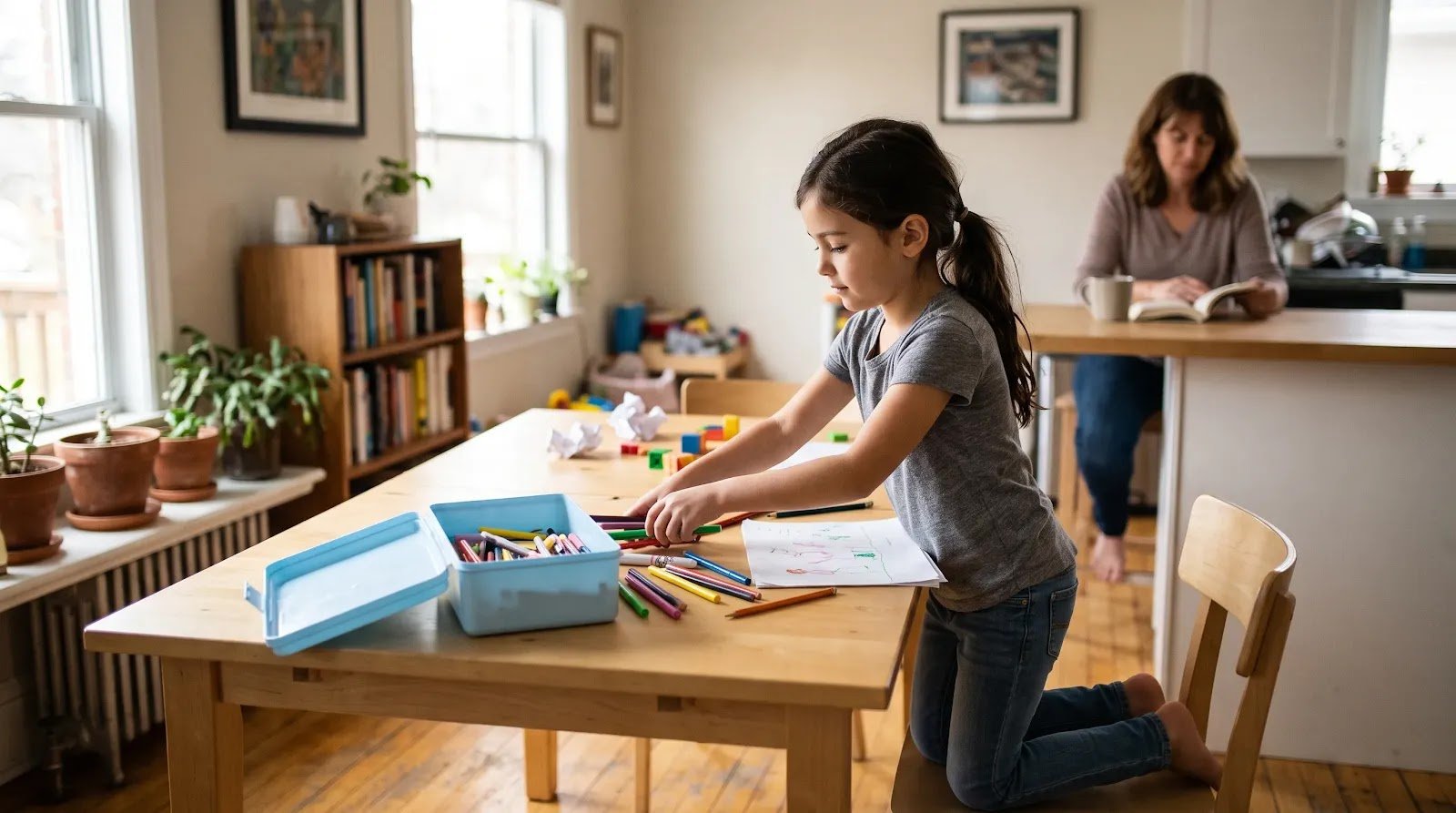 Child Repairing an Everyday Mistake A child calmly picking up scattered art supplies after making a small mistake.