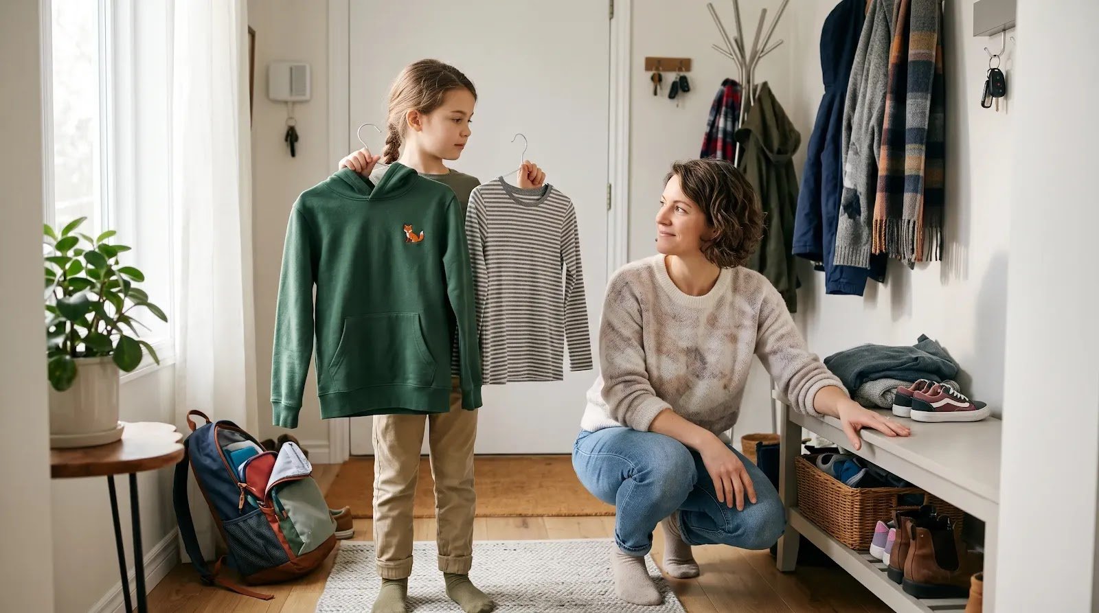 Giving a Child Two Simple Choices School-age child choosing between two clothing options while a parent waits nearby