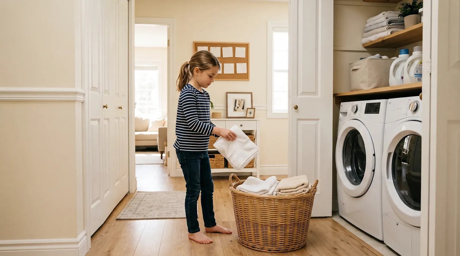 Child Completing a Household Chore Independently A child putting away folded towels as part of a simple household chore routine.