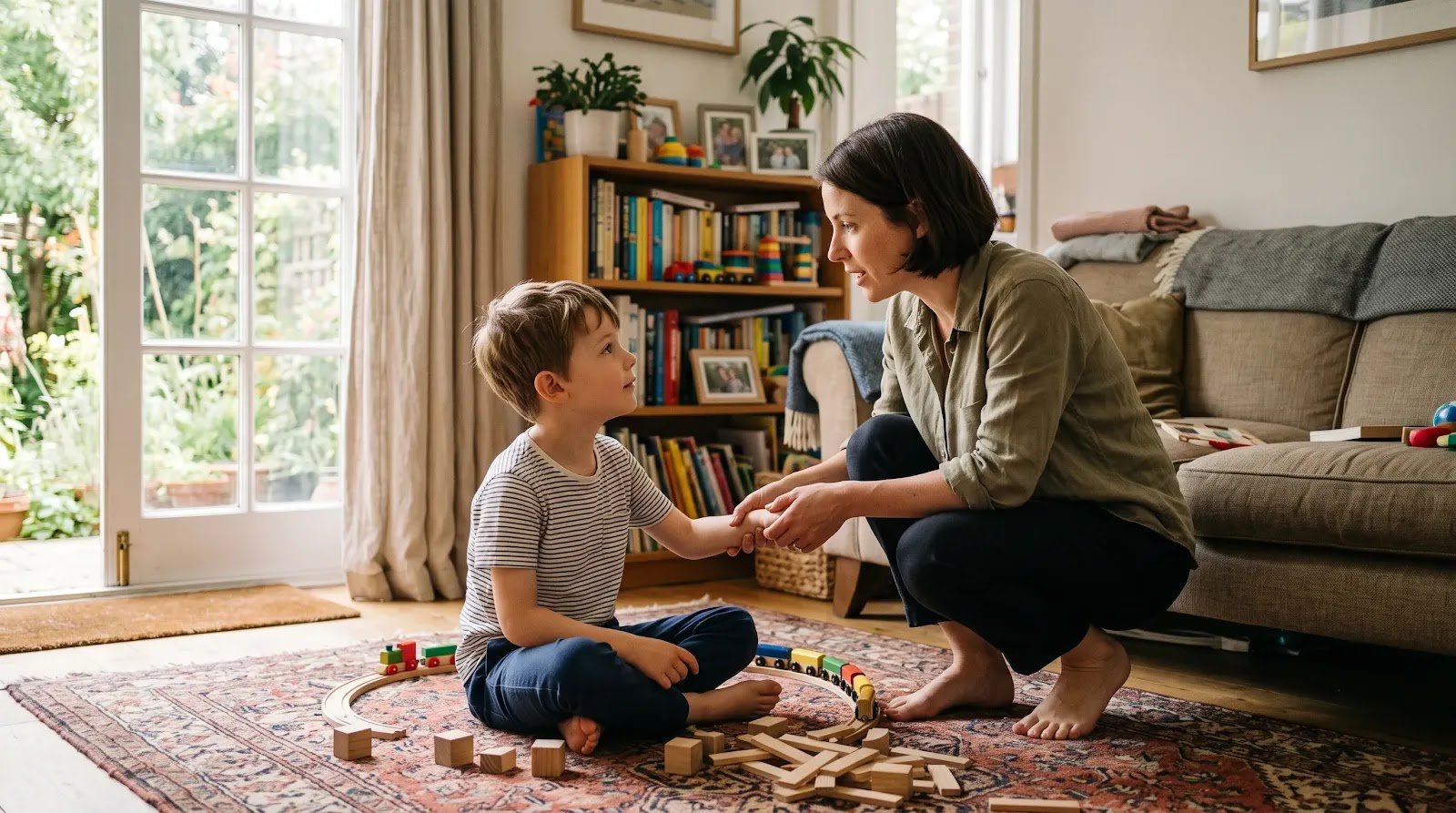Parent Calmly Getting a Child’s Attention Parent speaking calmly at eye level with a school-age child who has paused from playing