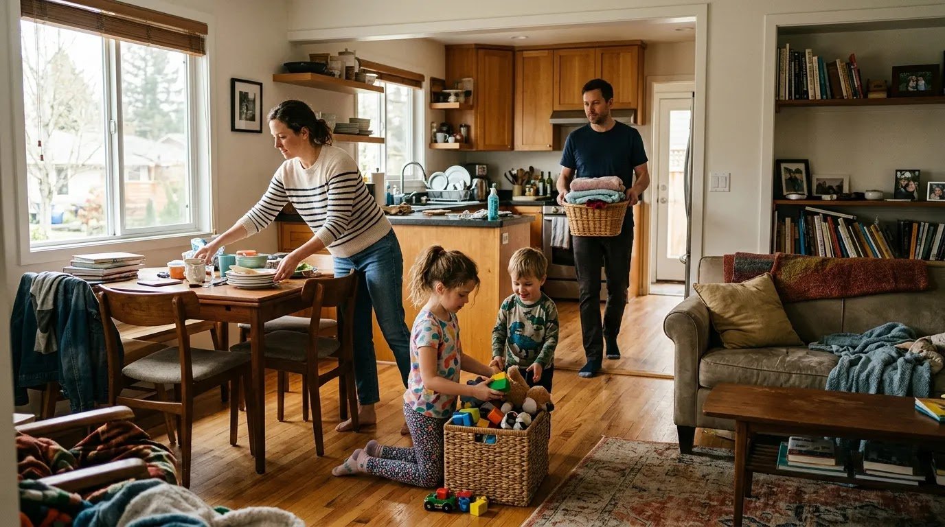 Simple Family Cleaning Routine at Home Family doing a short everyday cleaning reset together in a lived-in home