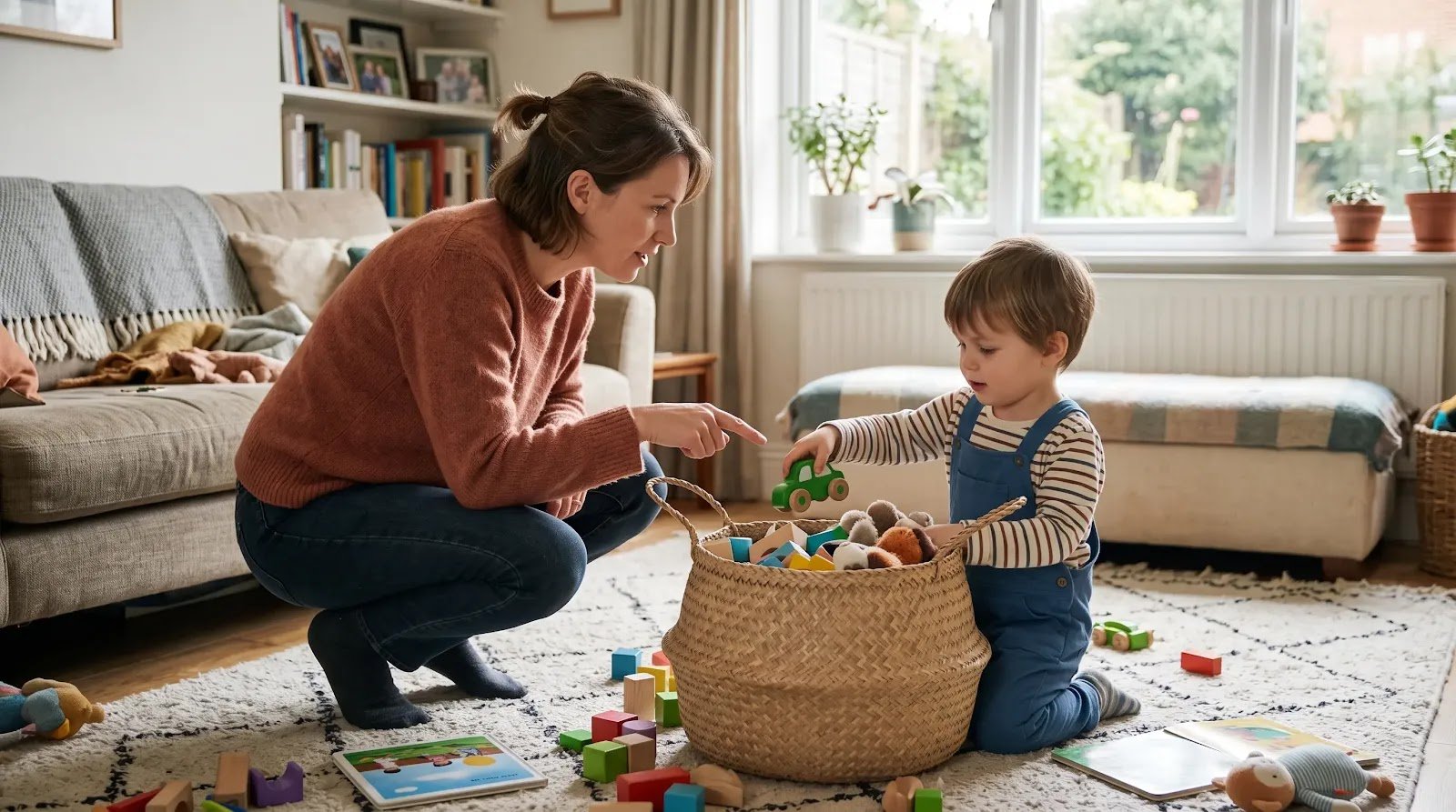 Giving One Clear Direction During Cleanup Parent giving a young child a clear direction to place toys in a storage basket