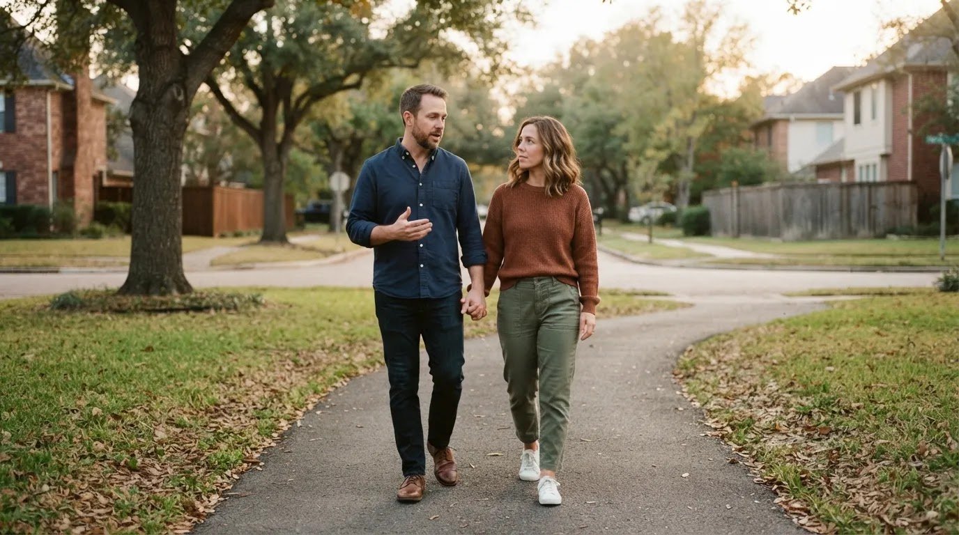 Restarting a Difficult Conversation More Calmly Couple talking calmly while walking together after a recurring disagreement