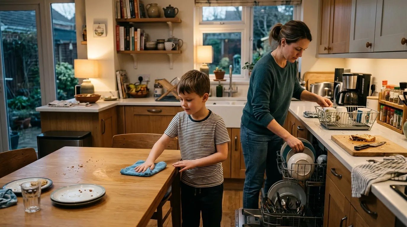 Family Doing a Daily Kitchen Reset Parent and school-age child doing simple kitchen cleanup tasks after dinner