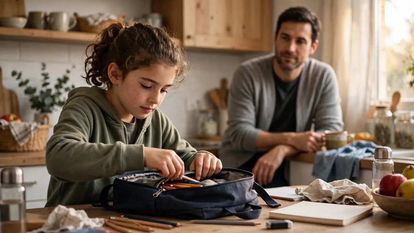 Child Starting Homework Without Repeated Reminders School-age child starting homework independently while a parent works quietly nearby