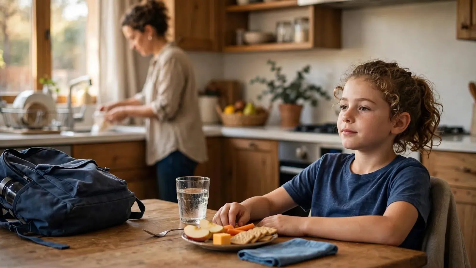 After-School Snack and Decompression Time School-age child having a snack and water at home while unwinding after school