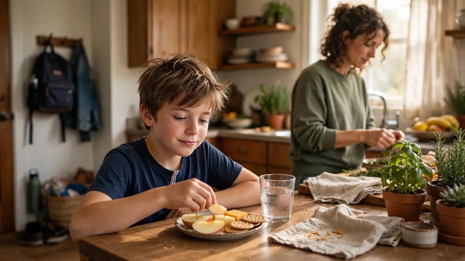 Calm Reset After School School-age child having a snack and water during a calmer after-school transition at home