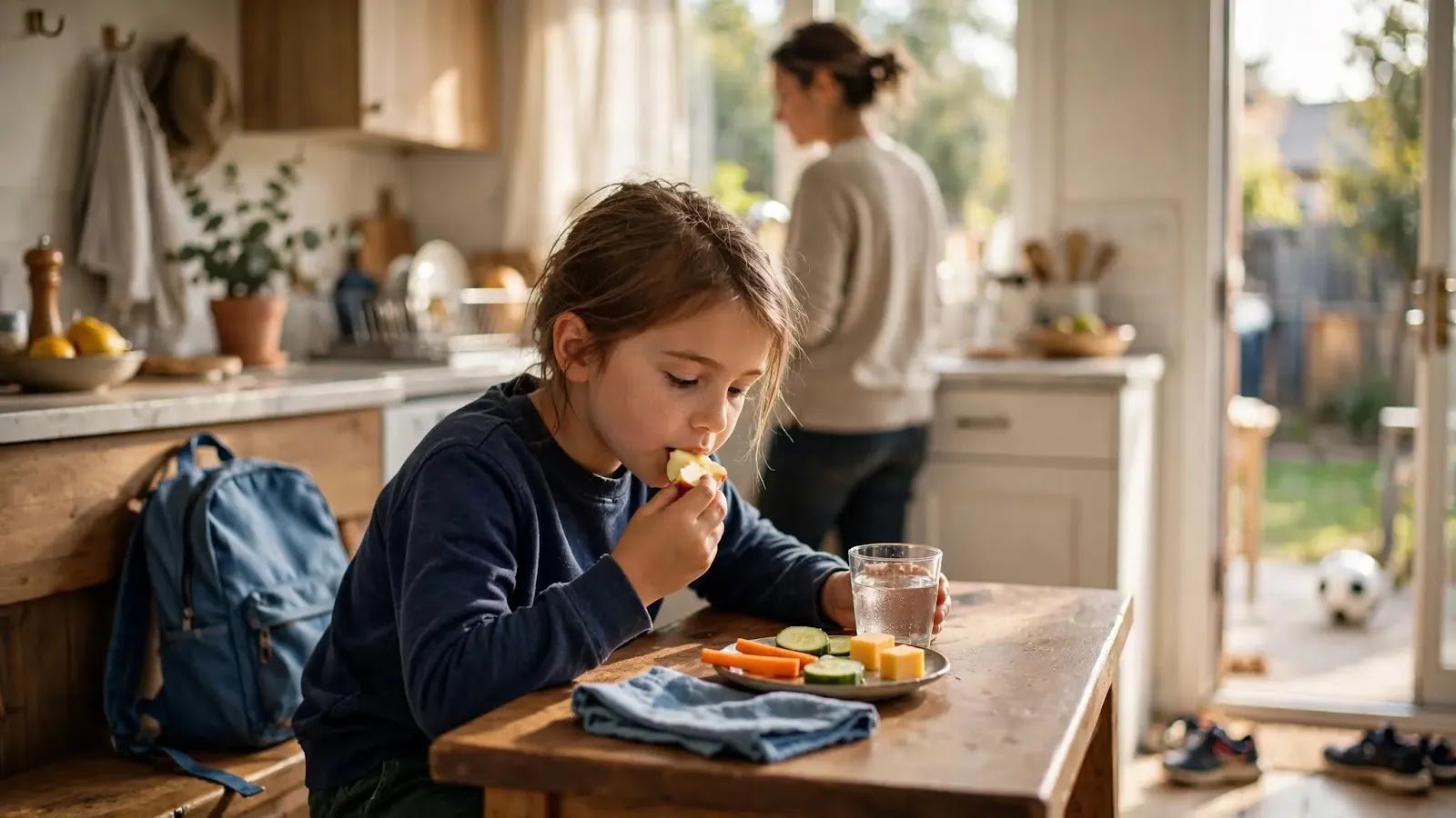 Snack and Reset After School Elementary-age child having a snack and water while unwinding after school