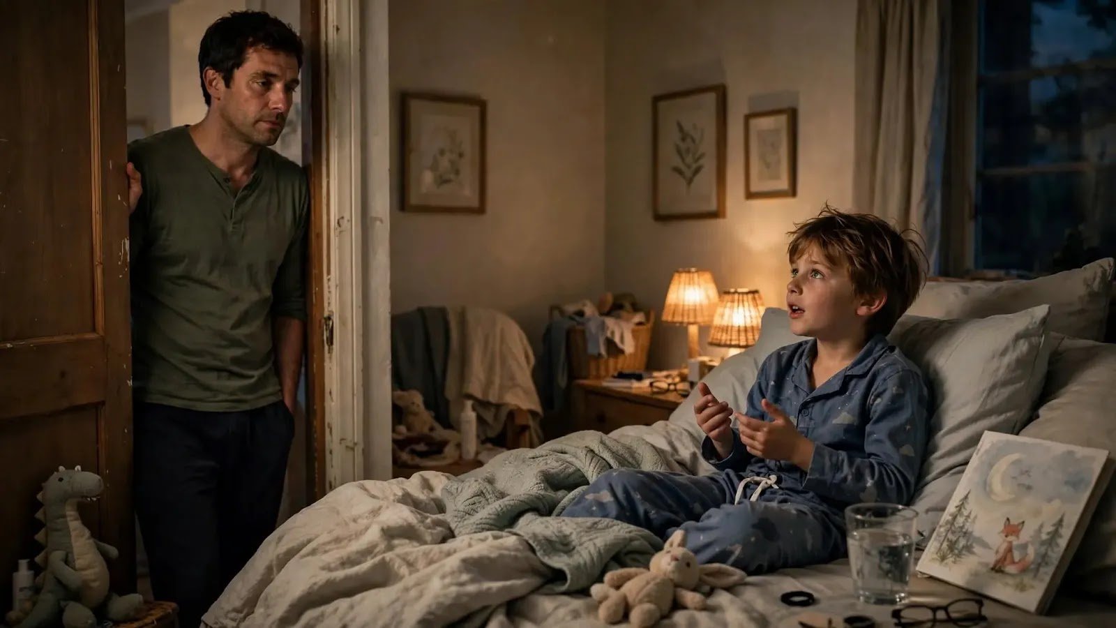 Child Stalling With One More Bedtime Request Parent standing by the bedroom door while a child in pajamas asks for another bedtime request