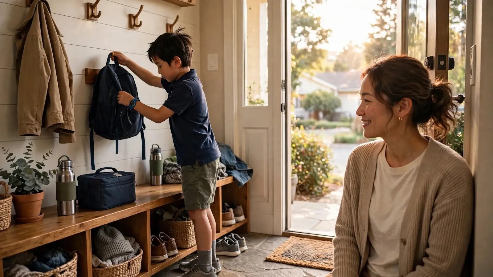 Elementary-Age Child Starting an After-School Routine Elementary-age child putting away a backpack after arriving home from school