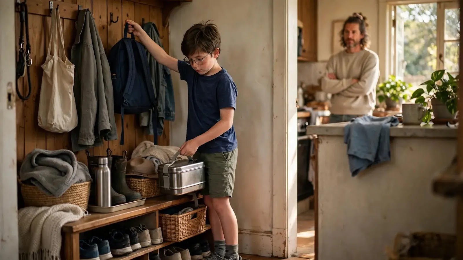 Routine That Reduces Repeated Reminders Child independently putting away a backpack and lunchbox as part of a familiar home routine