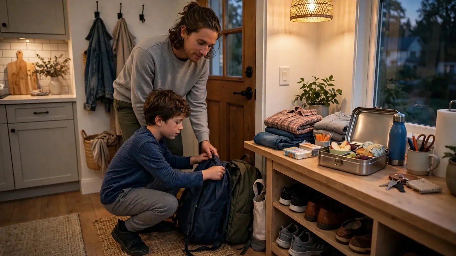 Preparing School Items the Night Before Parent and child placing a backpack and morning essentials near the door the night before school