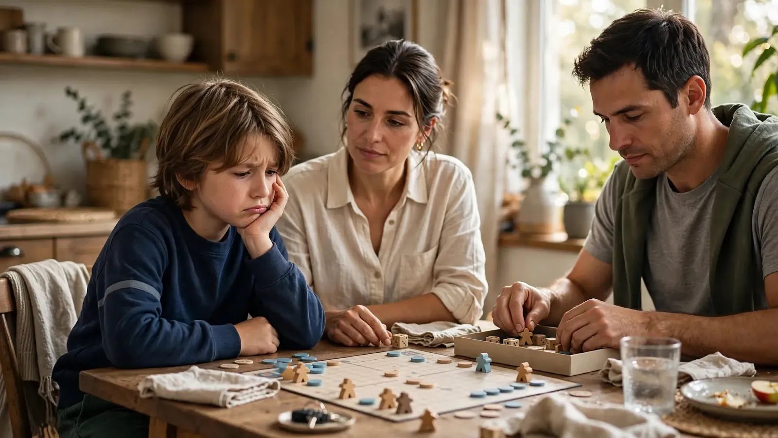 Child Learning to Handle Losing a Game Parent staying calm while a disappointed child processes losing a family board game
