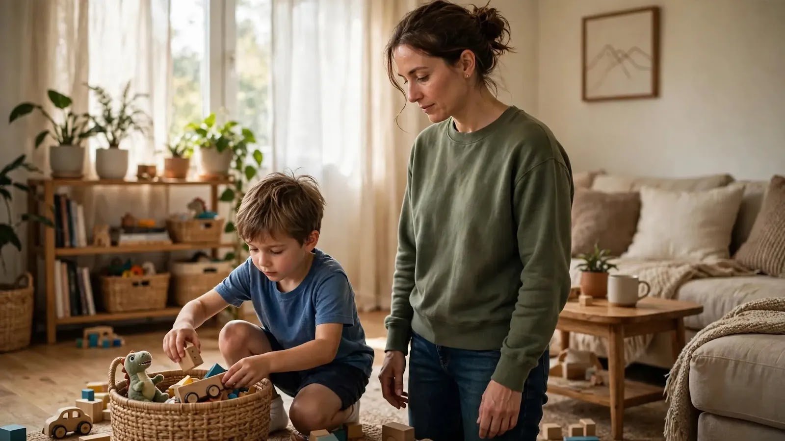 Calm Follow-Through After One Reminder Parent calmly following through while a child puts toys away after a clear direction