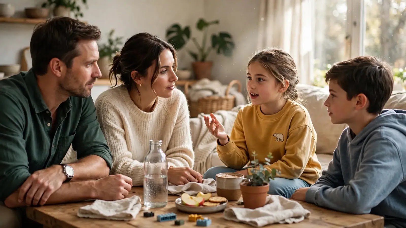 Family Discussing Household Rules Together Parents and children calmly discussing household expectations during a family conversation