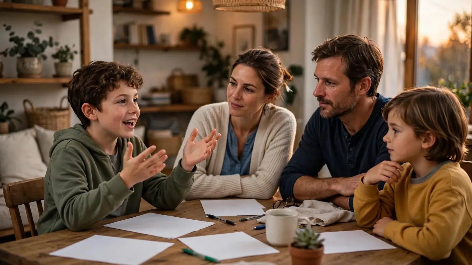 Child Sharing an Idea During a Family Meeting School-age child speaking while family members listen during a discussion at home