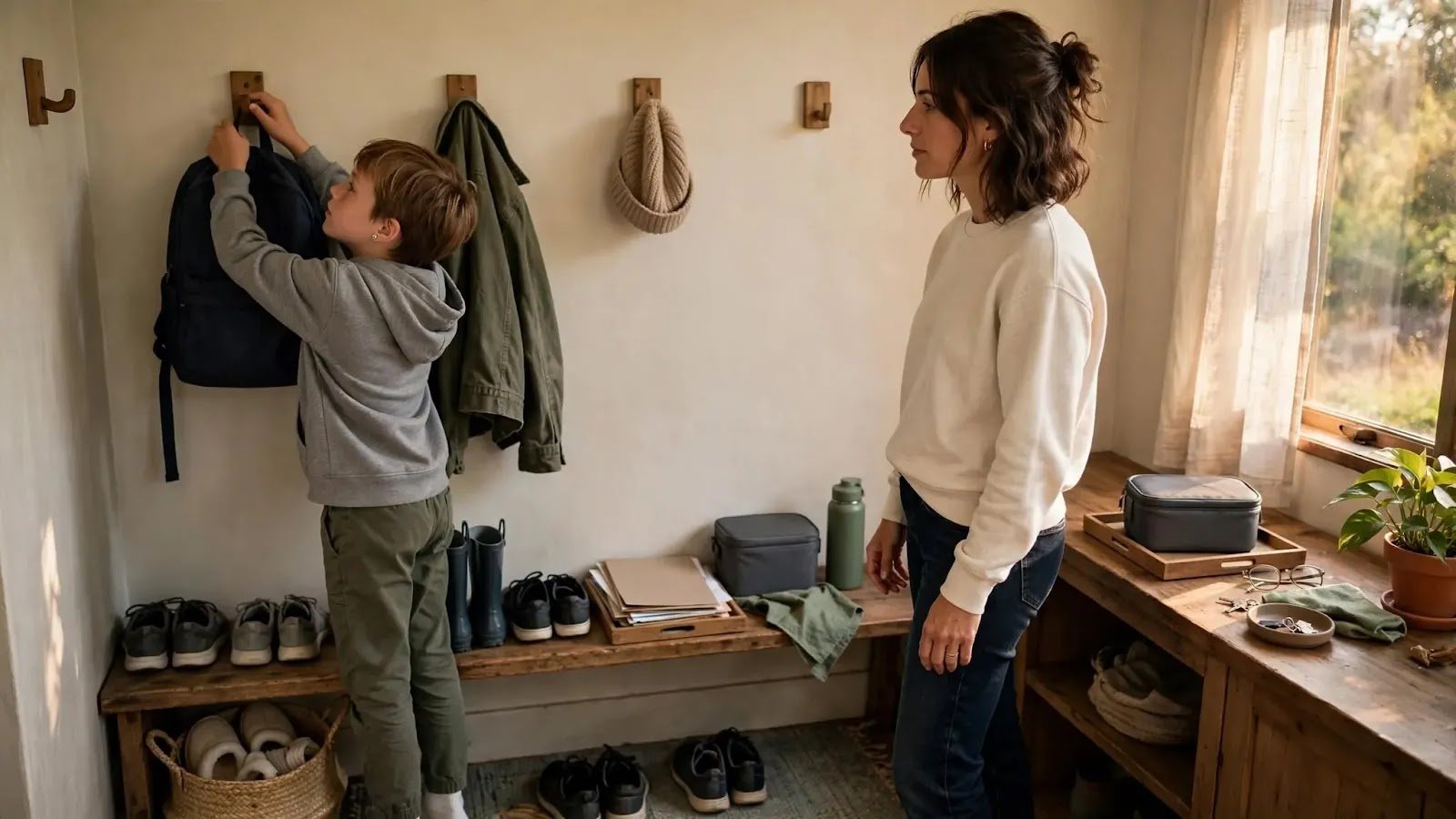 Simple After-School Landing Zone Child putting a backpack and shoes in a simple organized landing area after school