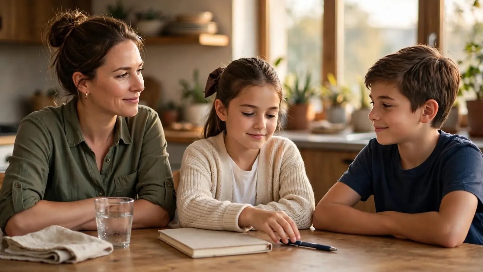 Family Finishing a Short Productive Meeting Parent and children finishing a calm family discussion around a kitchen table