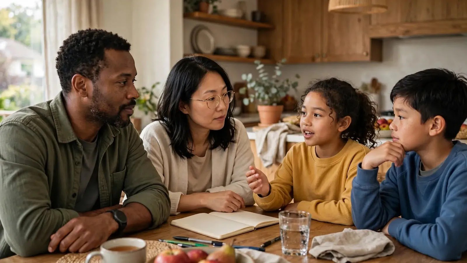 Family Having a Calm Meeting Together Parents and school-age children sitting around a table and talking during a family meeting