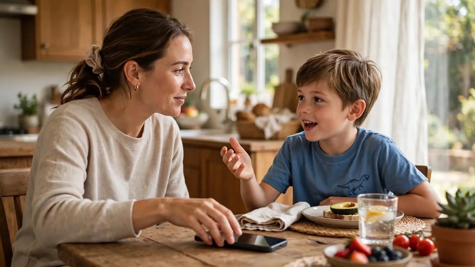 Parent Giving a Child Full Attention Parent putting a phone aside and giving full attention to a child during a conversation