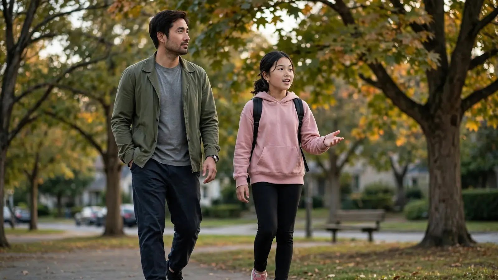 Parent and Child Reconnecting After an Argument Parent and older child talking calmly while walking together after a difficult conversation
