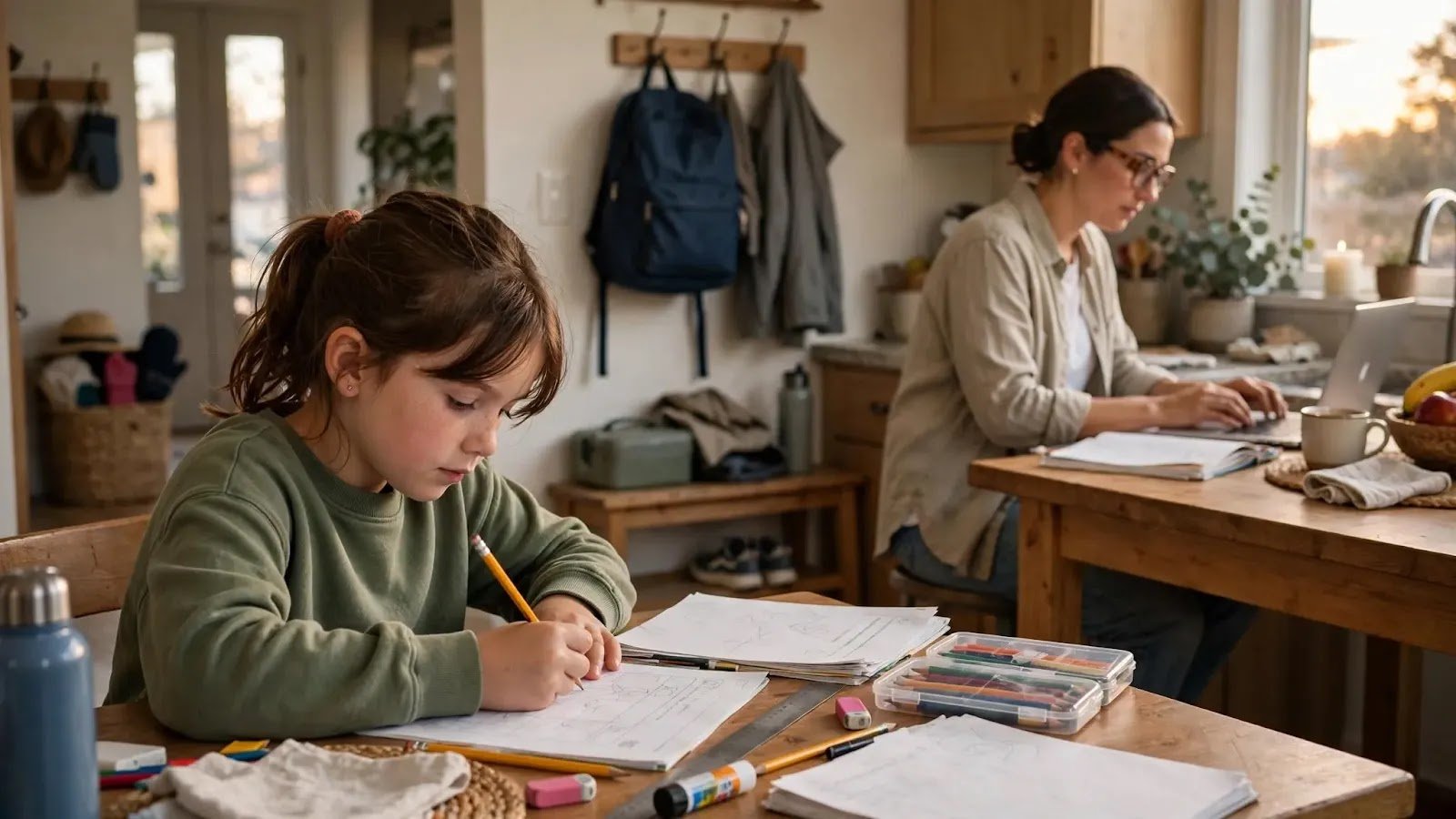 Independent Homework Within an After-School Routine Elementary-age child working on homework independently as part of a predictable after-school routine