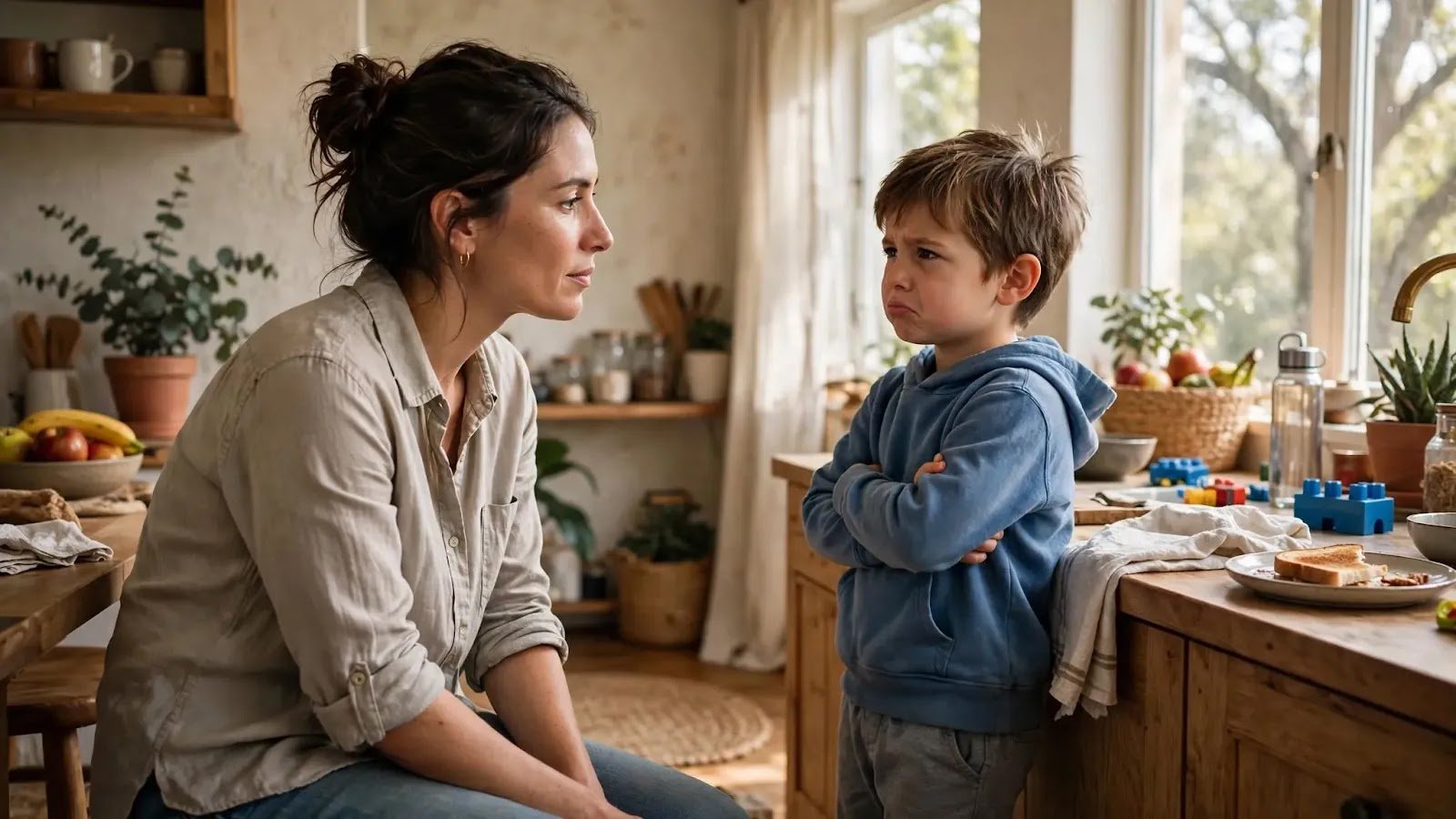 Parent Staying Calm During Whining Parent calmly responding to a young child who is whining during an everyday moment at home