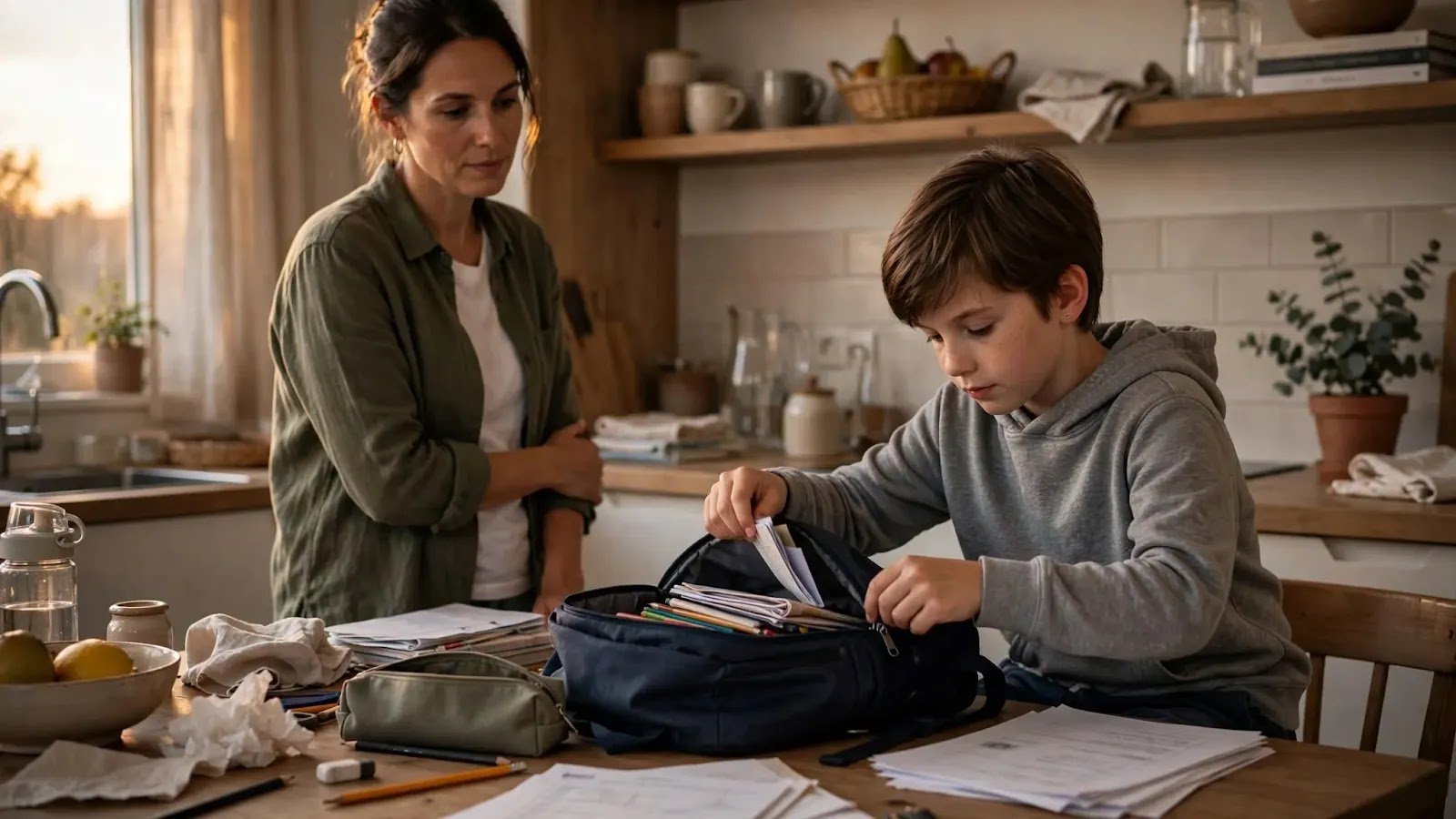 Closing the Homework Routine School-age child putting completed homework into a backpack at the end of the routine