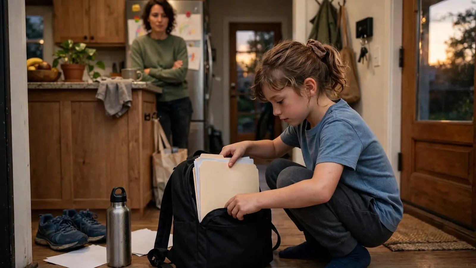 Closing Monday Morning Loose Ends Child packing a school bag and preparing belongings for Monday the night before