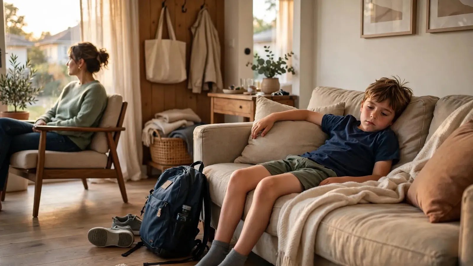 Child Decompressing After a Big Day School-age child relaxing at home while decompressing after a long busy day