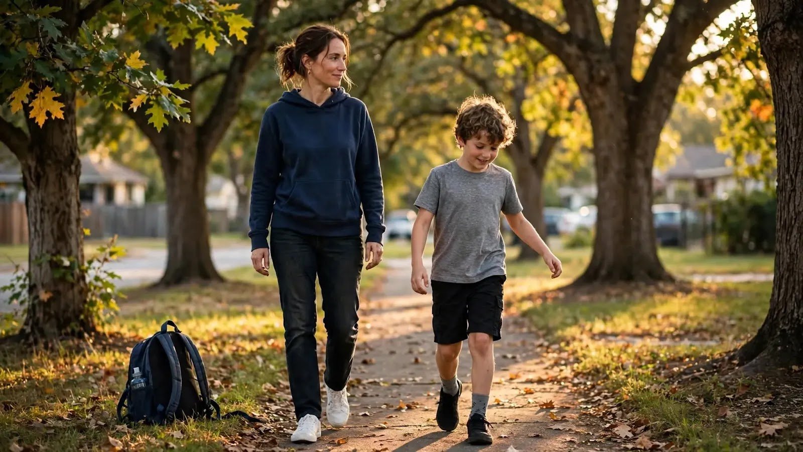 Movement Break After a Busy Day Parent and school-age child taking a relaxed walk to unwind after a busy day
