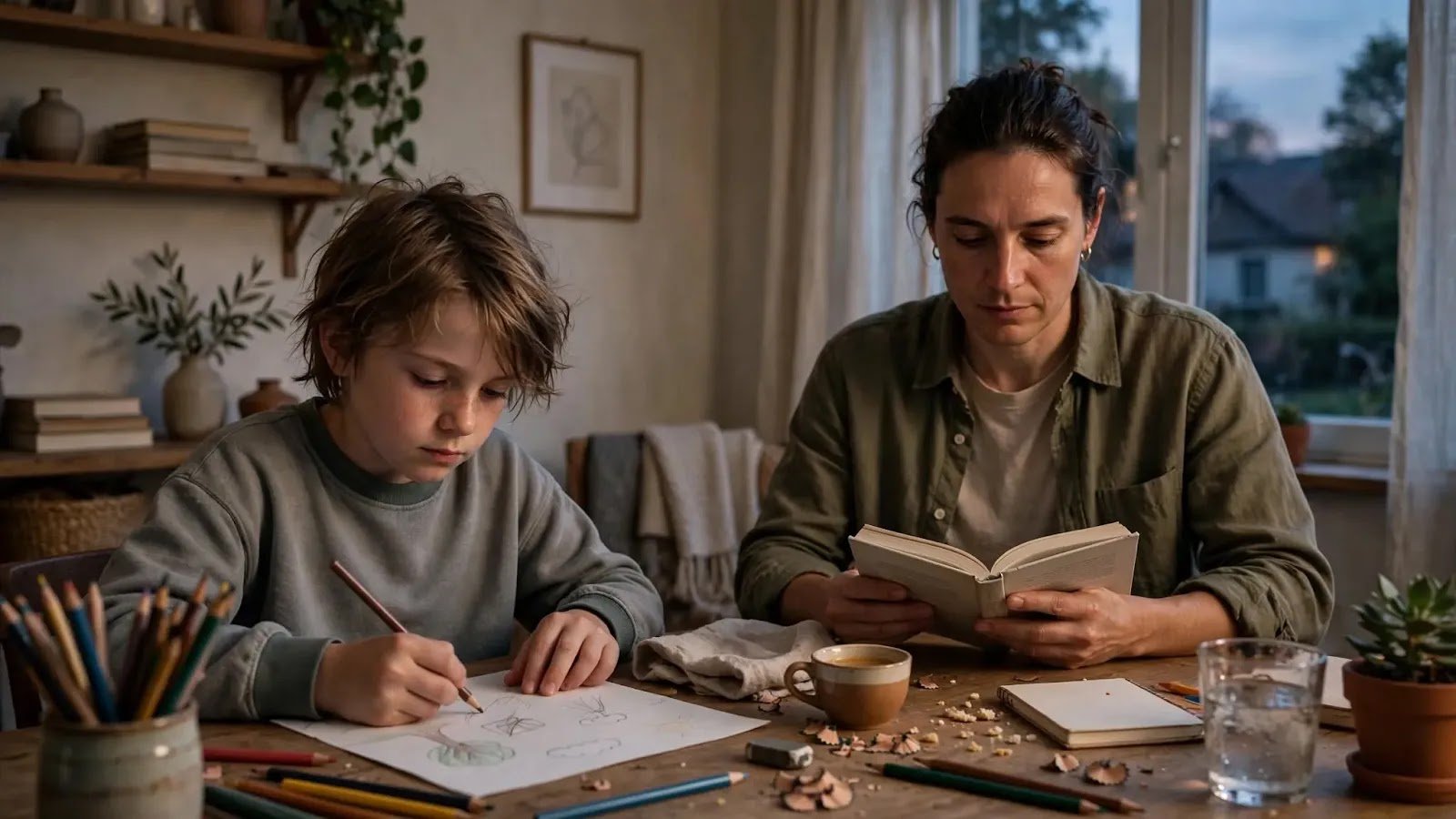 Quiet Side-by-Side Calm-Down Time Child drawing quietly beside a parent during calm decompression time at home