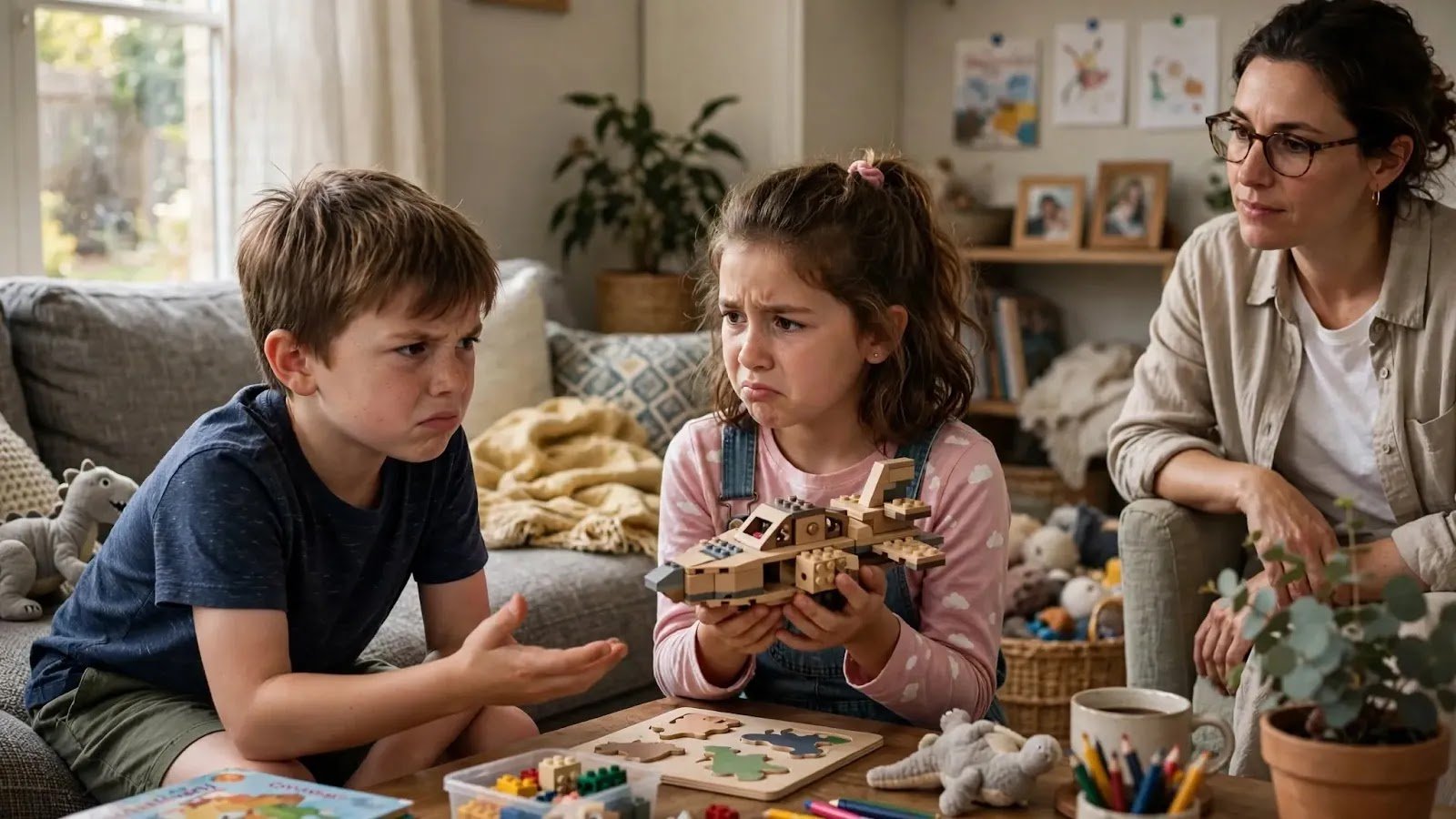 Handling Everyday Sibling Conflict Calmly Parent calmly responding while two school-age siblings disagree over a shared item