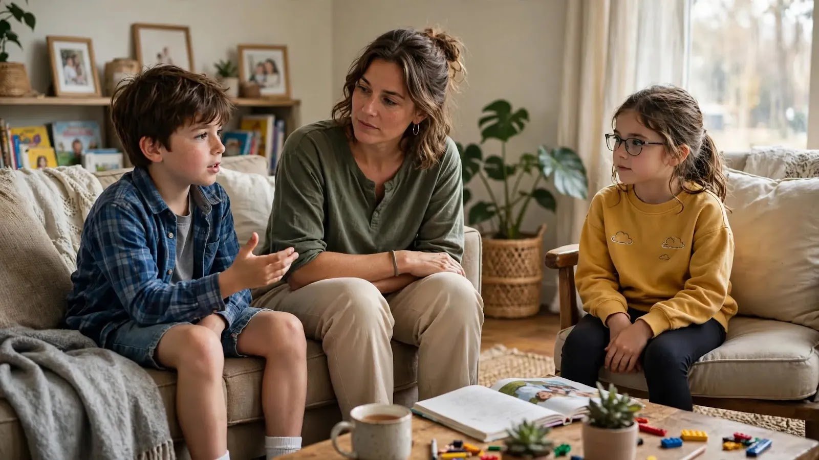Coaching Siblings Through a Conflict Parent listening calmly while two siblings work through a disagreement