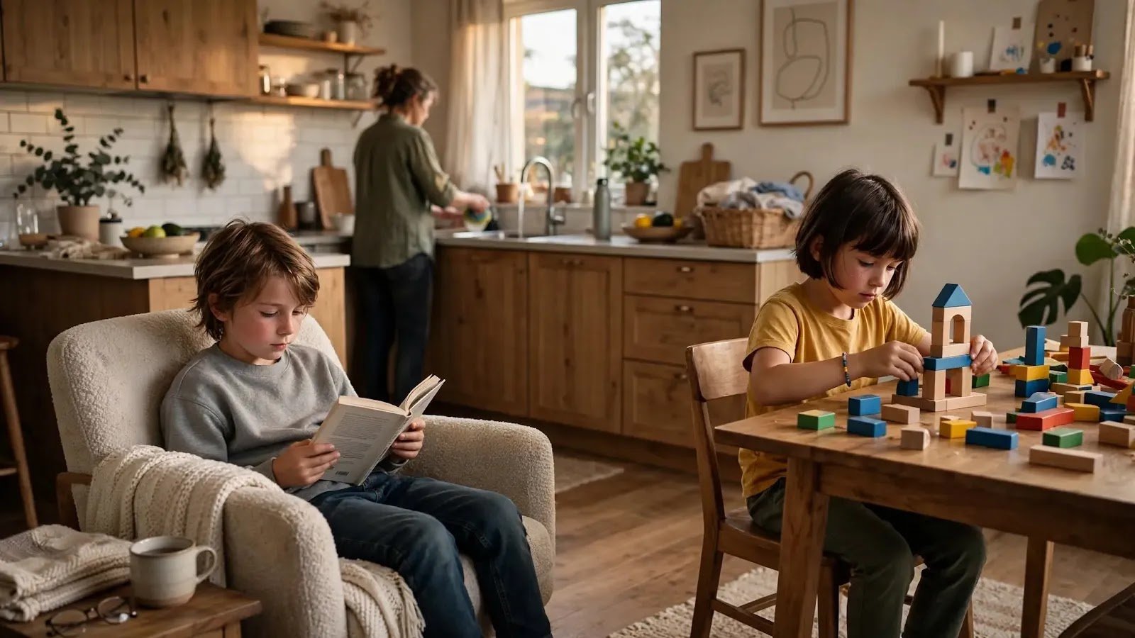Giving Siblings Space From Each Other Two school-age siblings enjoying separate activities and personal space at home