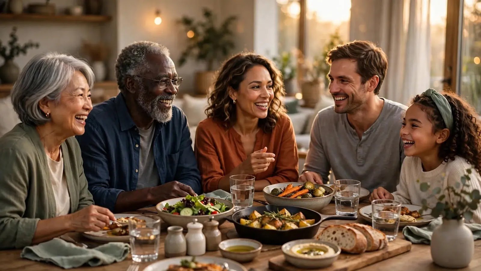 Adults Modeling a Family Rule at Dinner Family sharing dinner together without phones while adults model the same rule as the children