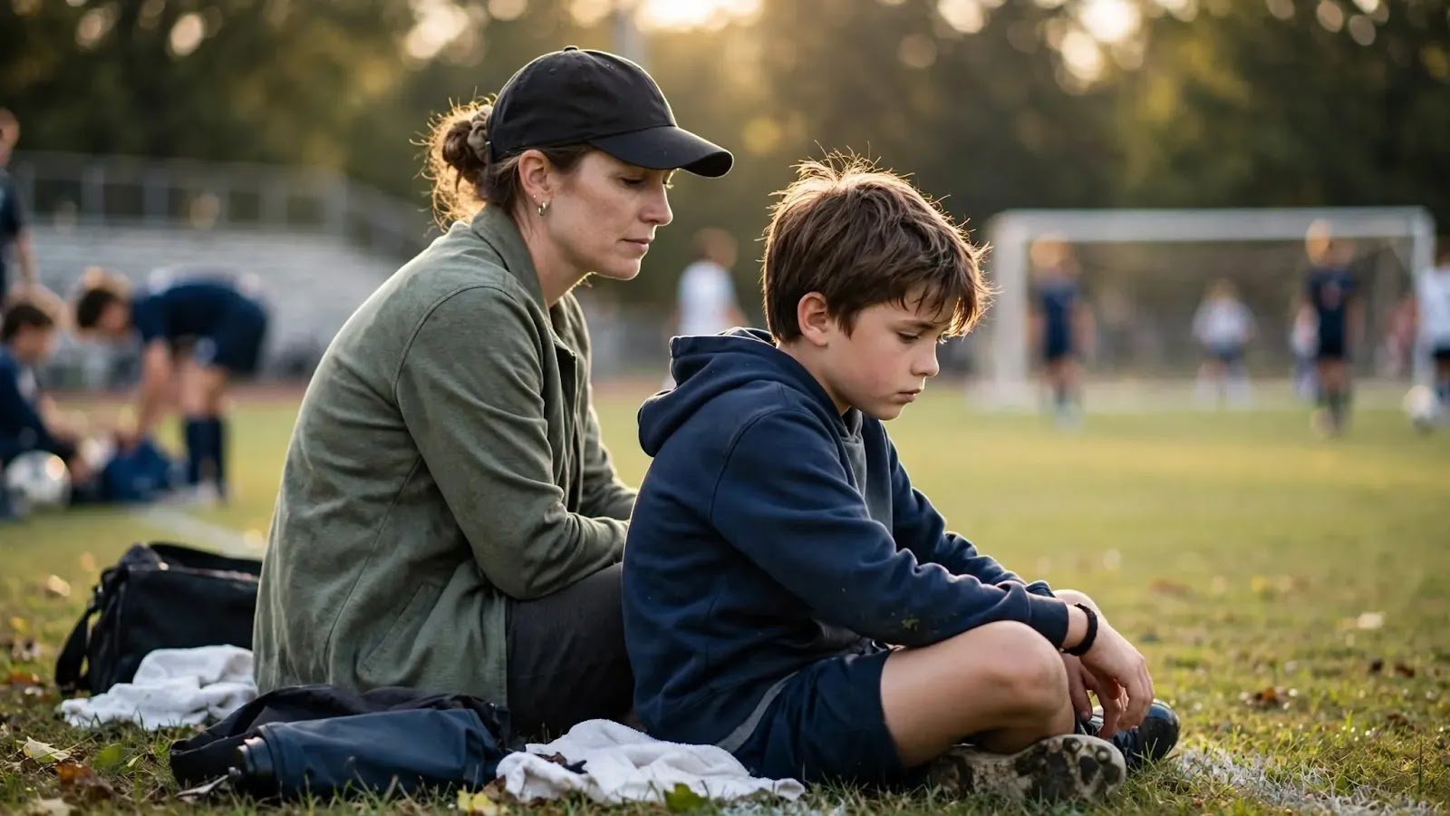 Giving a Child Space After a Loss Parent sitting calmly with a disappointed child after a youth sports loss