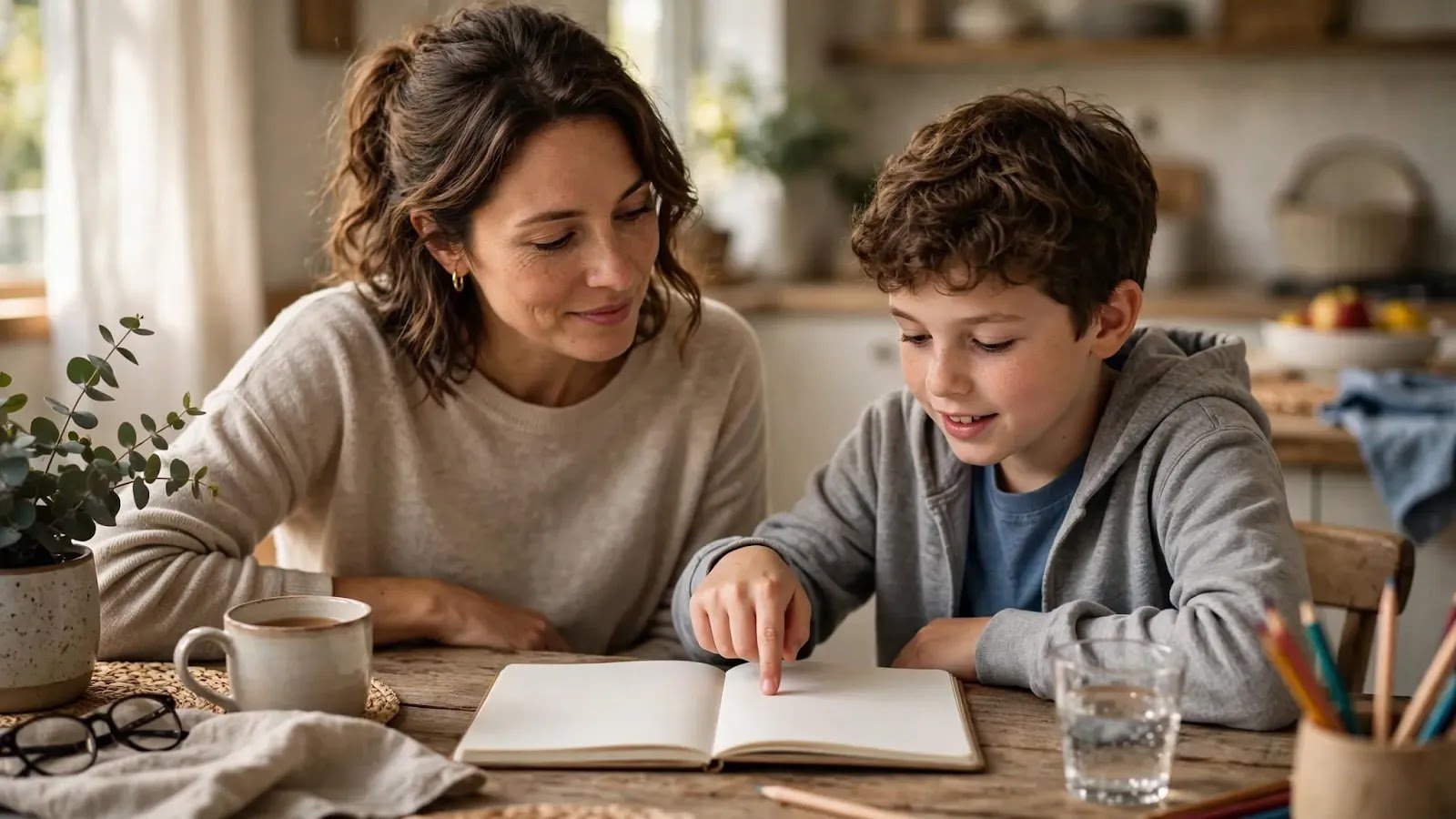 Parent and Child Thinking Through Solutions Together Parent and child calmly discussing possible solutions together after the child has been heard