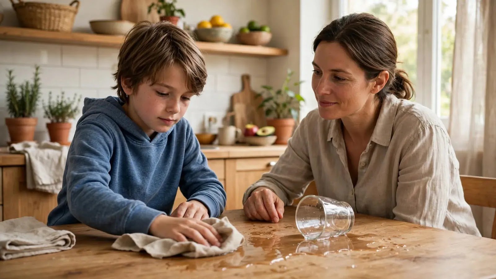Child Taking Responsibility After a Mistake Child helping clean up an accidental spill while a parent calmly supports them