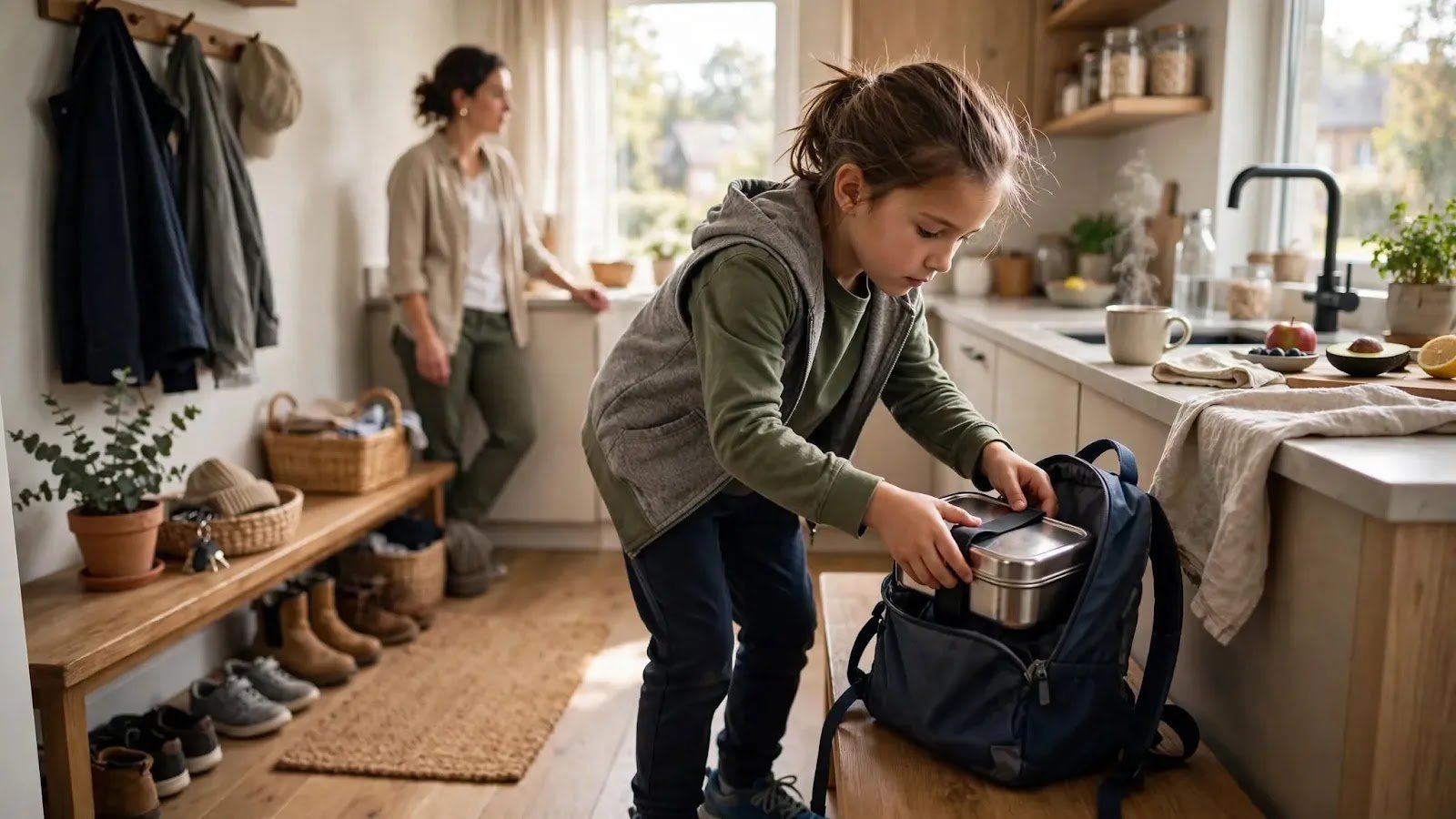 Child Taking Responsibility for the Morning Routine School-age child putting a lunchbox into a backpack while getting ready independently in the morning