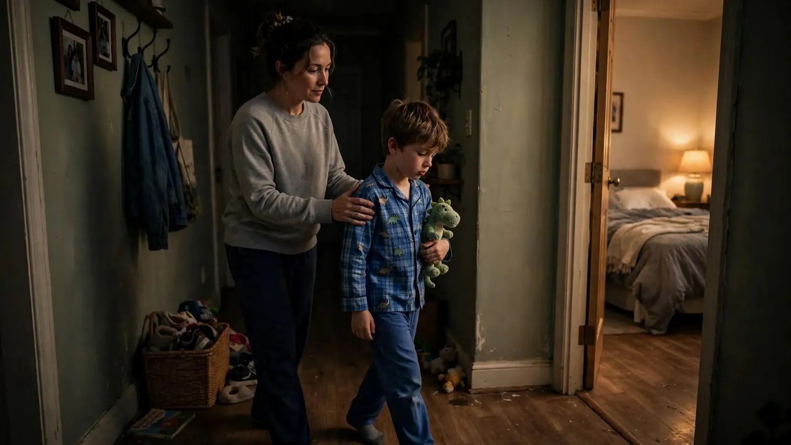 Calmly Returning a Child to Bed Parent quietly guiding a child back to bed after the child came out of the bedroom