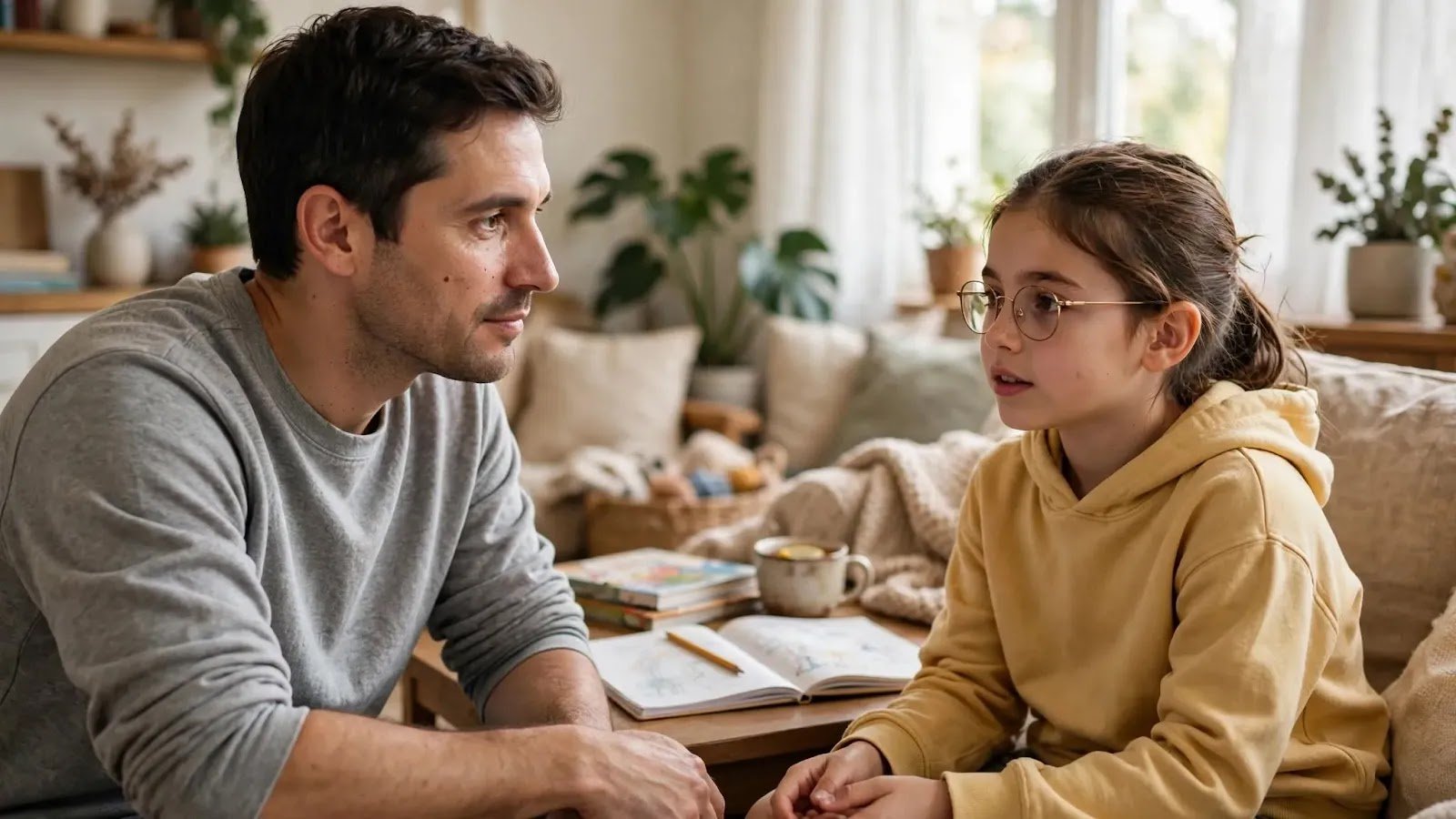 Parent Listening Without Immediately Giving Advice Parent listening attentively while a school-age child talks about a problem at home