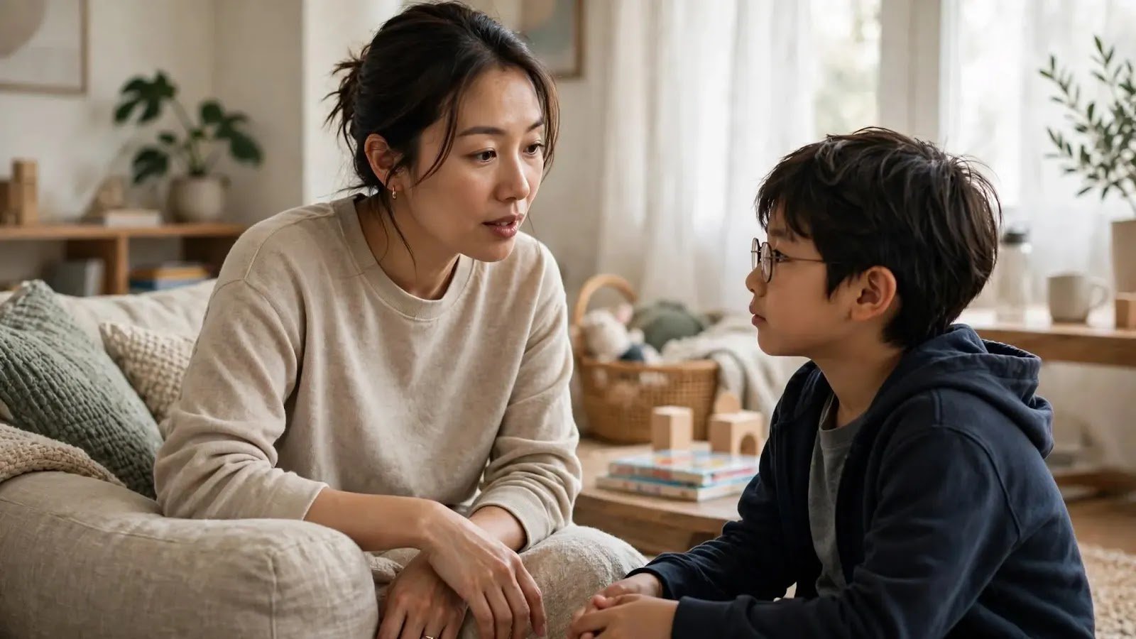 Parent Modeling How to Own a Mistake Parent calmly acknowledging a mistake during a conversation with a school-age child