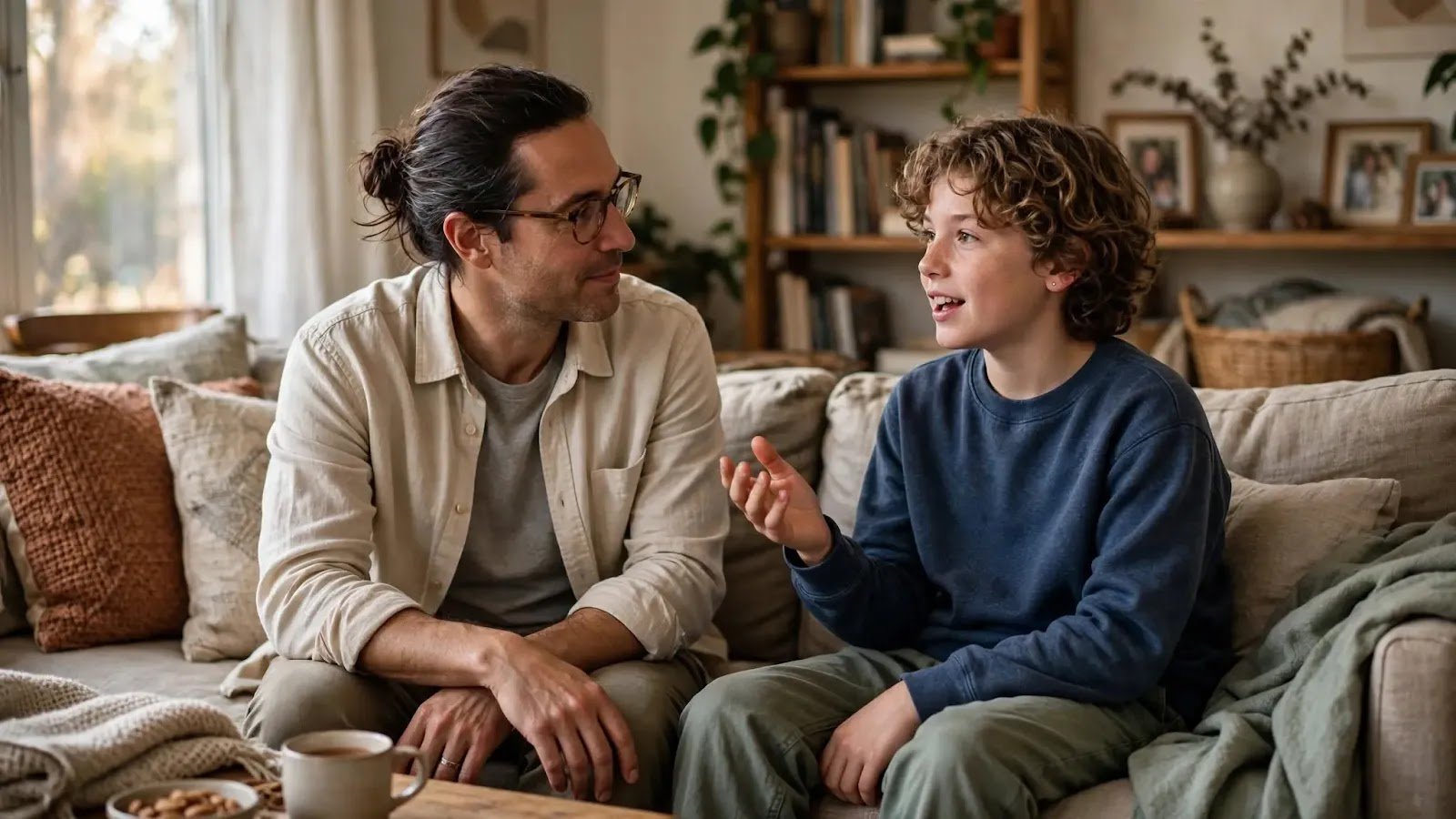 Giving a Child Space to Finish Talking Parent sitting beside an older child and listening quietly while the child finishes speaking
