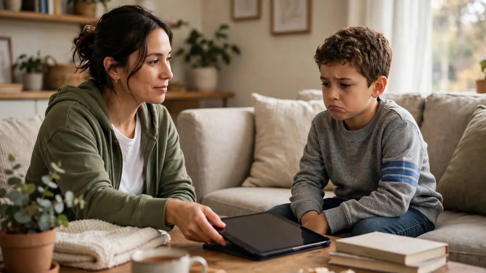 Calm Follow-Through on a Family Limit Parent calmly following through on a screen-time limit while a child looks disappointed