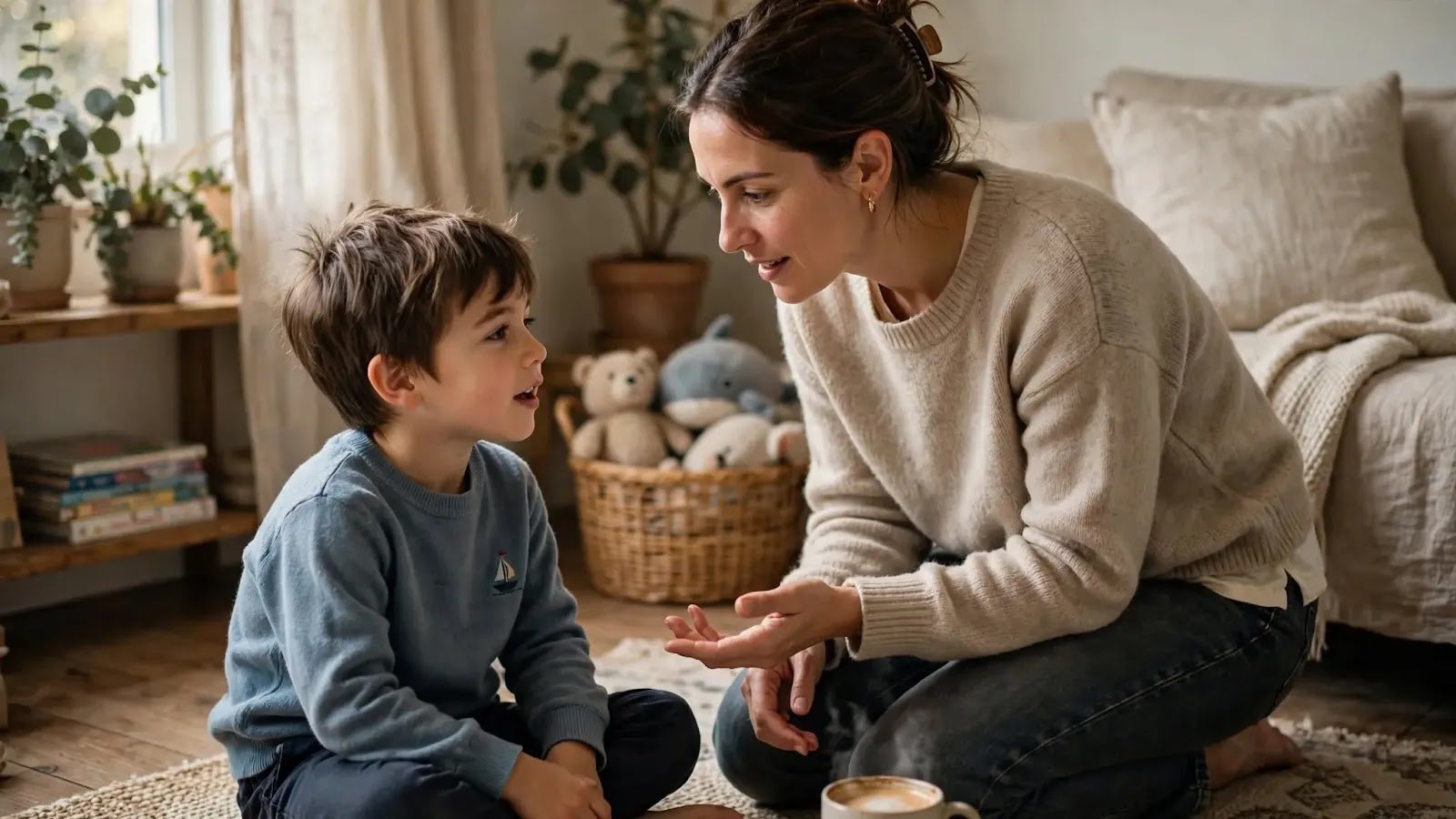 Teaching a Child a Clearer Way to Ask Parent calmly helping a young child repeat a request in a clearer way