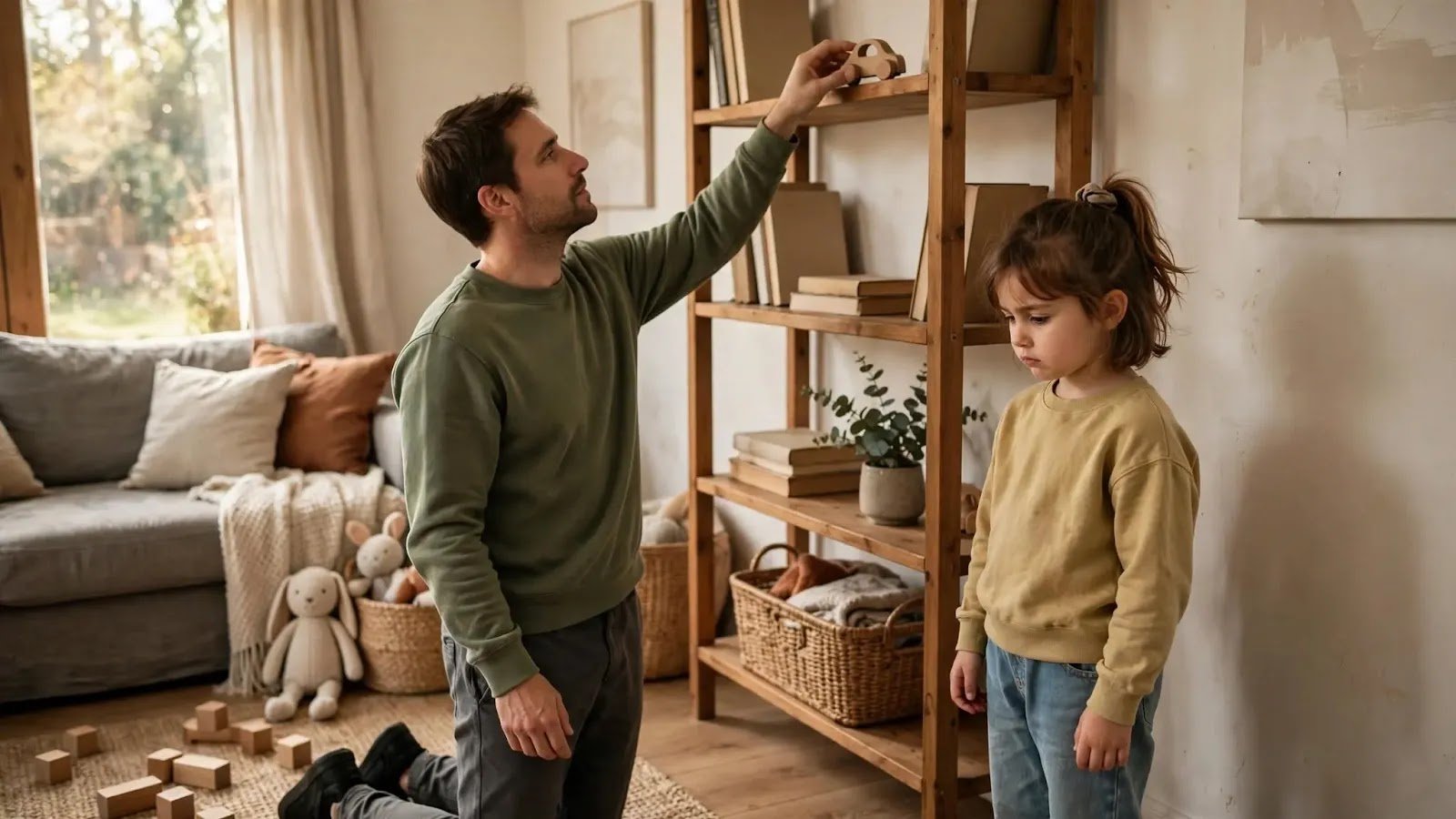 Calm Follow-Through After a Broken Rule Parent calmly putting away a toy after a child used it unsafely