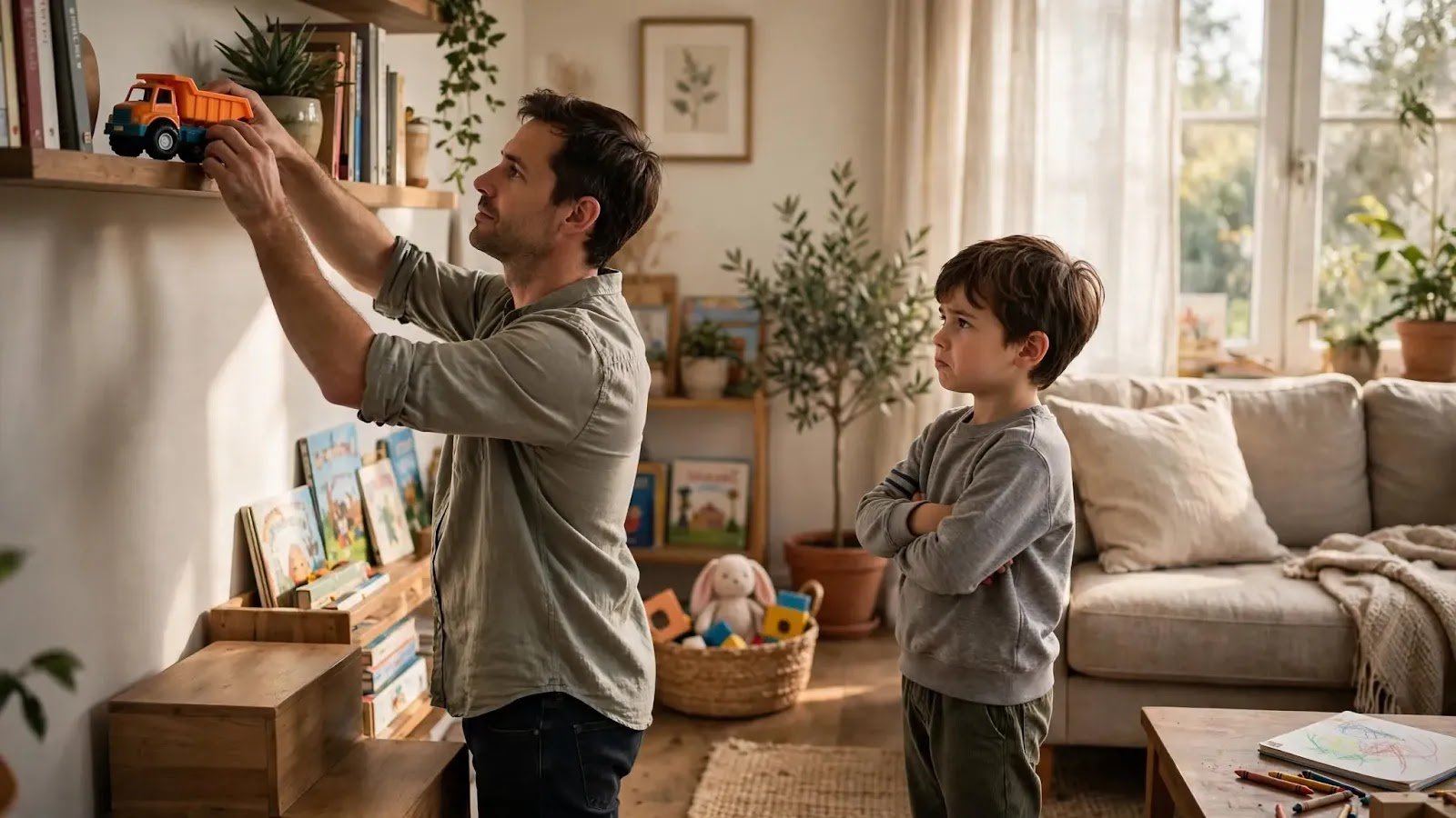 Calm and Predictable Follow-Through Parent calmly putting a toy away after a child breaks a familiar household rule