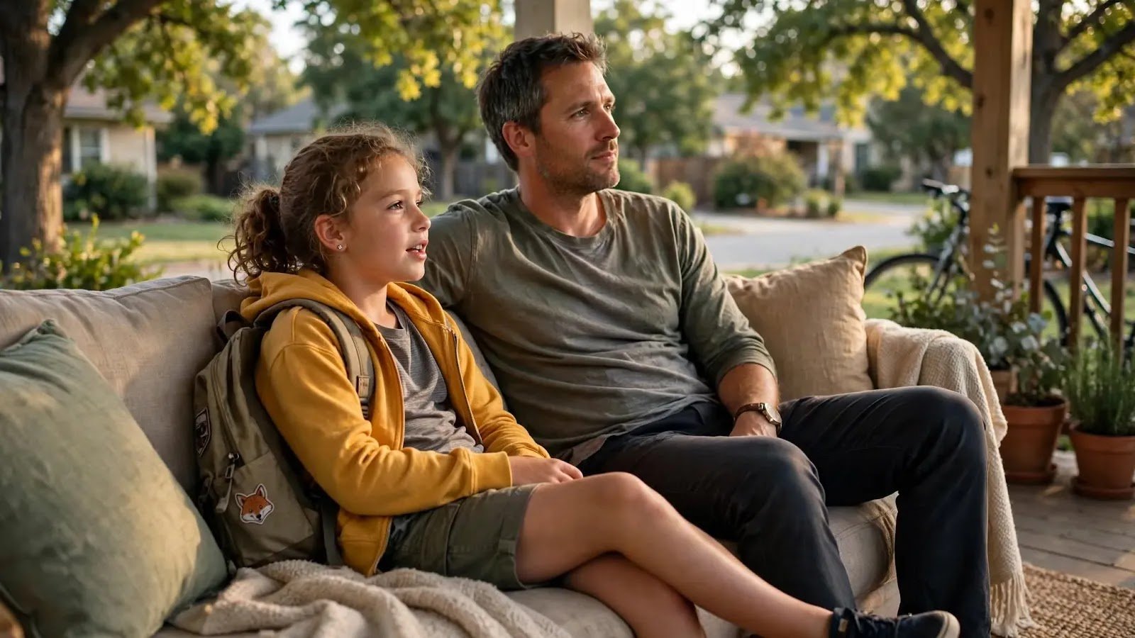 Parent and Child Talking Calmly After School Parent and school-age child talking calmly together after the child has had time to unwind