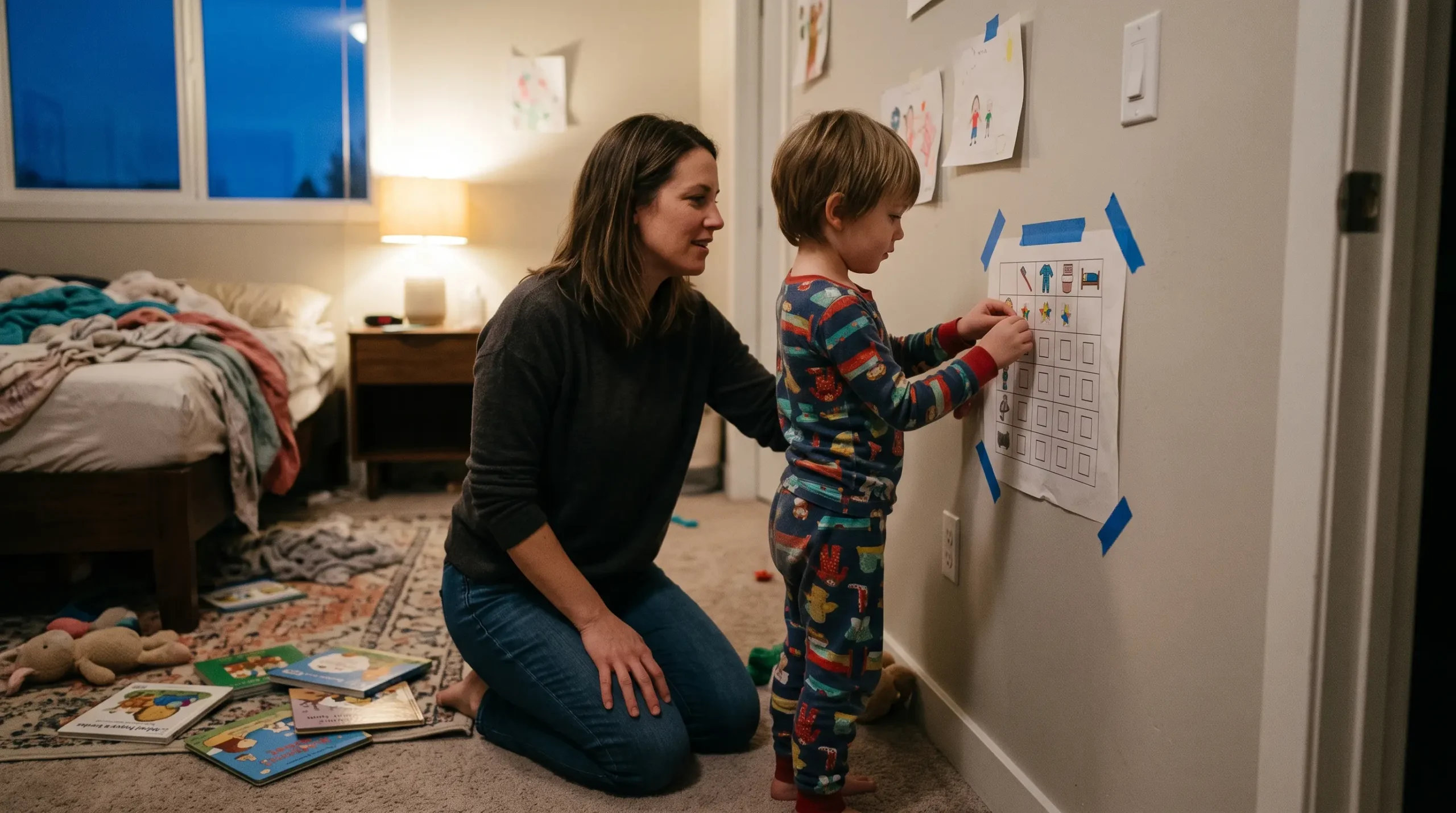 Parent helping a young child mark a bedtime routine chart on the bedroom wall.